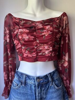 NWOT Burgundy Floral Ruched Off-Shoulder Crop Top